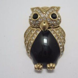 FLASH SALE Swarovski SAL Signed Goldtone Wise Owl Brooch Goldtone Clear Crystal